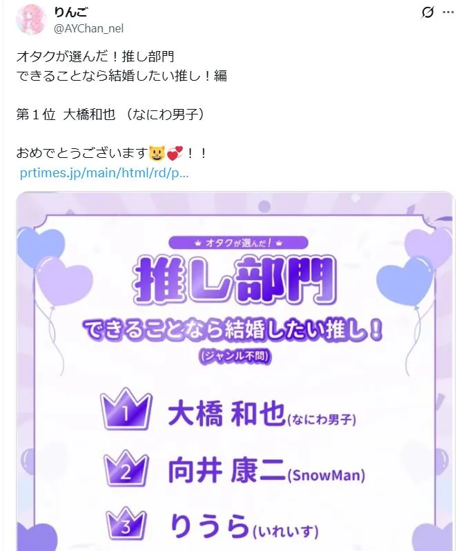 結婚したい推し部門1位に選ばれたのは大橋和也