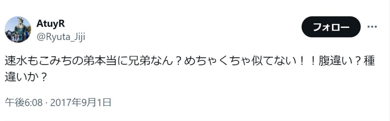 「速水もこみちの弟本当に兄弟なん？めちゃくちゃ似てない！！腹違い？種違いか？」という投稿