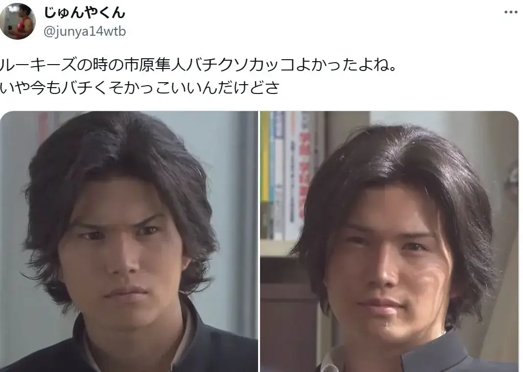 ドラマ「ルーキーズ」に出演していた若い頃の市原隼人の写真で、制服姿の真剣な表情と鋭い眼差しが印象的であり、市原隼人はハーフに見えるほど整った顔立ちをしている