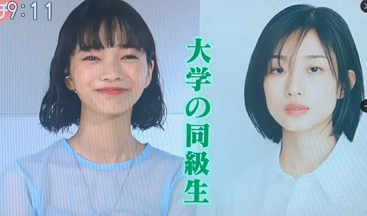 見上愛さんが大学の同級生河合優実と並んでいる場面。日本大学芸術学部で過ごした学生時代の友人関係が伝わる一枚